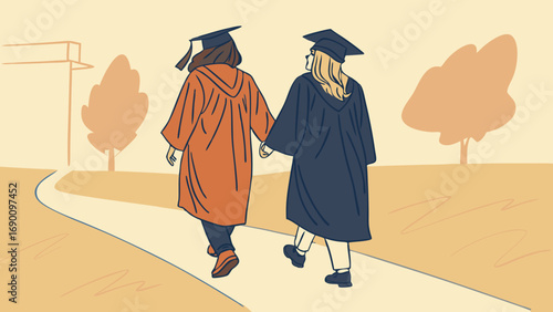 Two Graduates Walking Away Holding Hands Back View Simple Illustration.