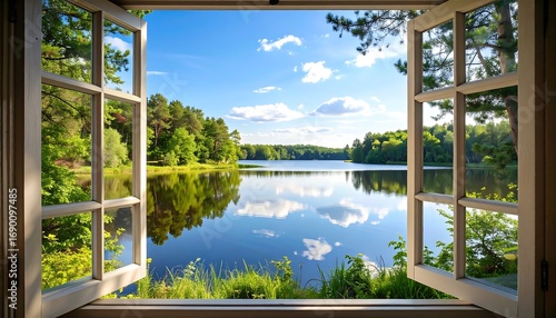 A tranquil view of a shimmering lake through an open window. Verdant trees line the shore under a bright blue sky scattered with fluffy white clouds, framed by a neutral colored window
