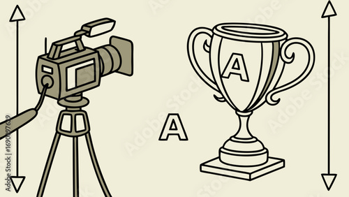 Video Production Award Ceremony Trophy Camera Success Achievement Victory Celebration Filmmaking Broadcasting Television Media Event Graphic Design Illustration Vector Art Award Winning Prize Competi.
