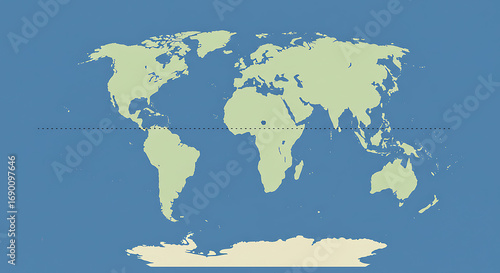 A world map showing continents and oceans with a dotted line representing the equator across the globe