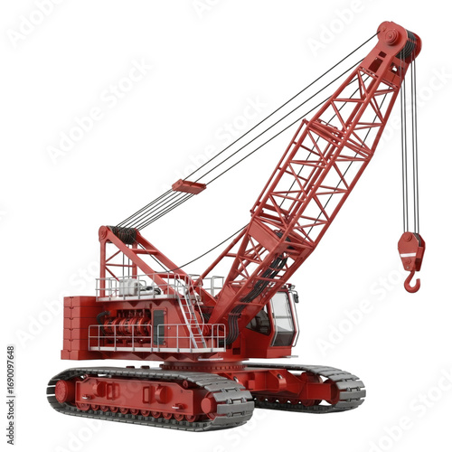 Red crawler crane construction vehicle isolated on transparent background