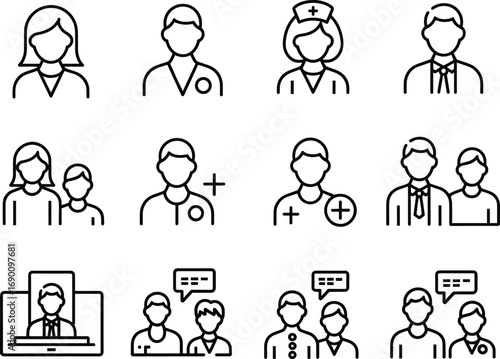 Vector line icon set of twelve human figures representing professionals, healthcare workers, families, business roles, virtual meetings, consultations, group discussions