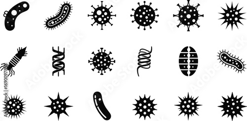Vector set of microorganism and virus silhouettes, bacteria icons, DNA helix shapes, microbiology symbols, scientific research, infectious disease, pathogen illustration