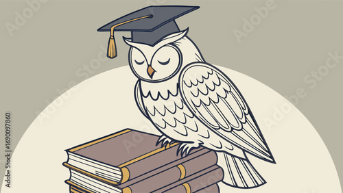 Wise Owl perched on books wearing graduation cap education knowledge wisdom learning success achievement academic school university college library reading study knowledge wisdom intelligence bird an.