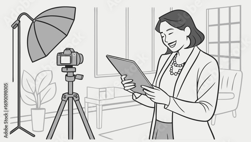 Woman reviewing photos on a tablet in a home studio setting with camera on tripod and lighting equipment.