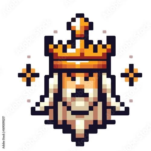 Royal king character portrait in a pixelated 8-bit art style. Old ruler with a majestic beard and a golden crown for retro gaming icons