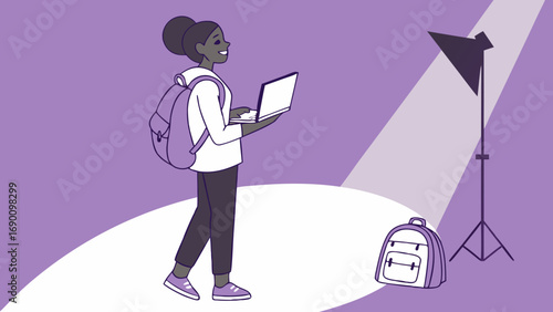 Young woman with backpack using laptop studio lighting illustration digital art.