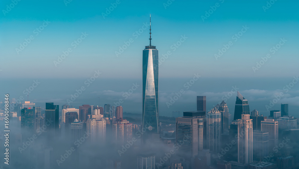 Fototapeta premium Tall skyscraper piercing through morning mist city