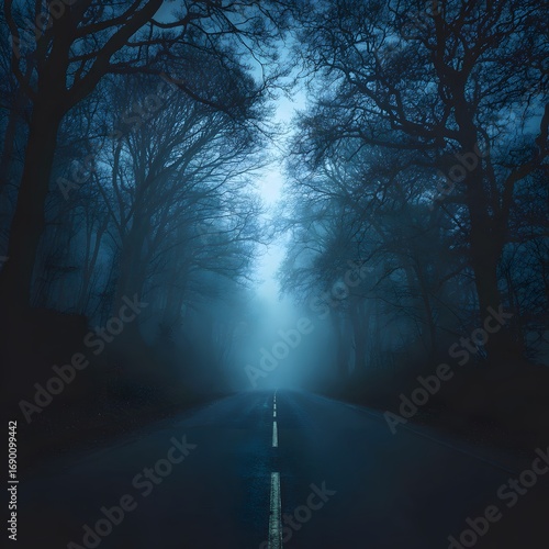 Dark foggy road through forest at night