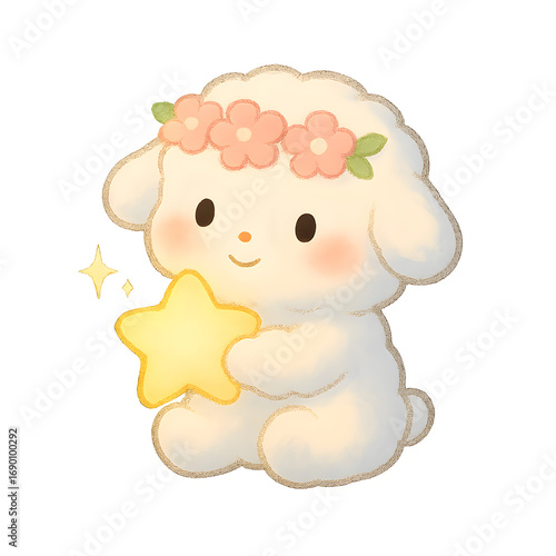 Kawaii Lamb with Flower Crown PNG | Chibi Fluffy Lamb Holding Star
