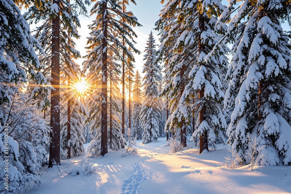 Fototapeta premium Snow-covered pine forest with sunlight filtering through trees, creative style on a natural outdoor background, concept of winter serenity. Ai generative