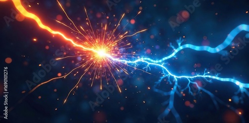 Close-up of sparking electrical wires, vibrant blue arcs flashing, intense energy, a chaotic display of raw power , texture, danger, wires