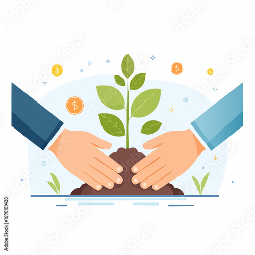 Hands Protecting Young Plant With Coins