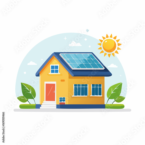 Illustration Of A House With Solar Panels On The Roof