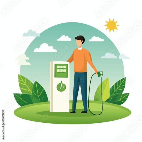 Man Charging Electric Vehicle at Station