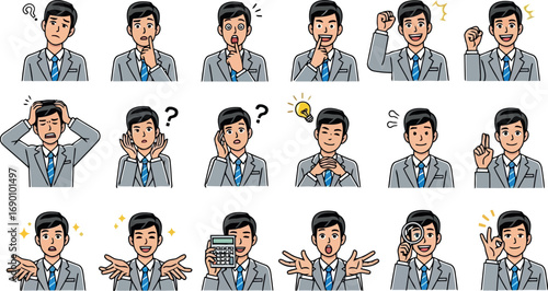 Vector vector art of collection of business man expressions and gestures in a flat design style transparent background