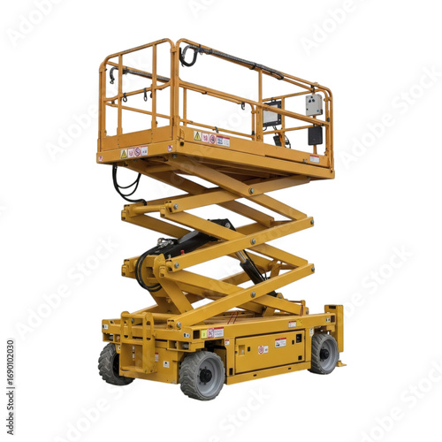 Yellow scissor lift extended platform isolated on transparent background