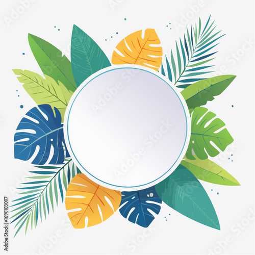 Colorful Tropical Leaves Frame With White Circle