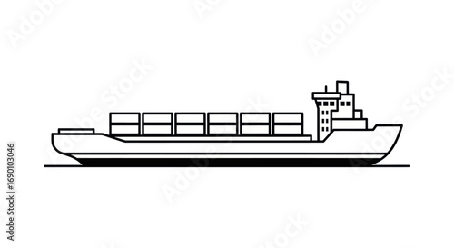 Black and White Outline of a Cargo Ship Carrying Containers.