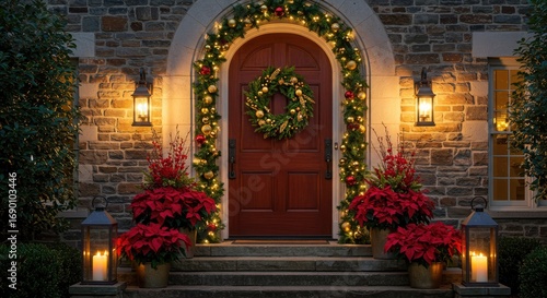 Wallpaper Mural Festive christmas decorated doorway with wreath and poinsettias illuminated by warm lights Torontodigital.ca