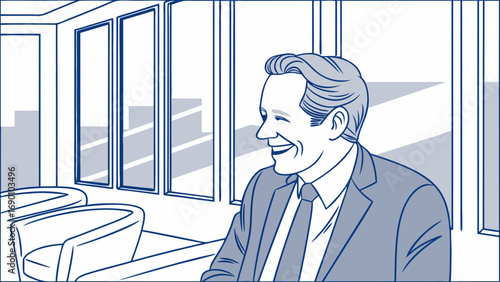 Happy businessman in office illustration profile blue tones.