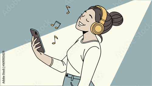 Happy person listening to music on smartphone with headphones.