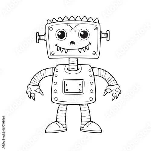 Black line art of a scary but silly robot monster
