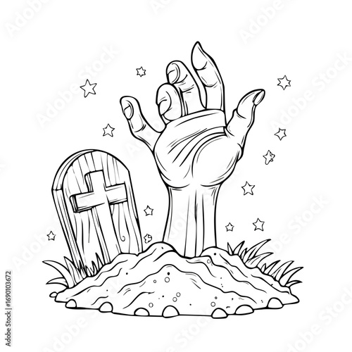 Drawing for coloring book. A zombie hand rising from the dirt