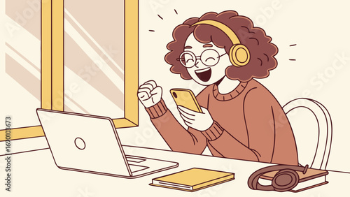 Happy person working from home using laptop and smartphone.