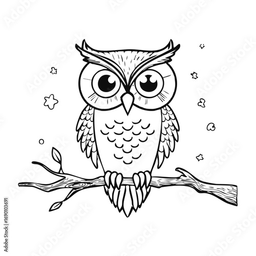 Vector outline illustration of an owl with big eyes