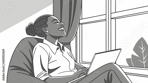 Happy woman working on laptop near window relaxing at home grey scale illustration.