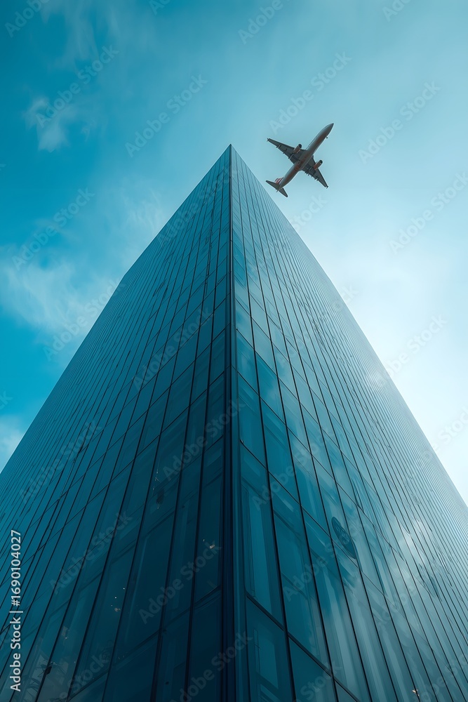 Fototapeta premium Dramatic perspective view of airplane flying above modern glass skyscraper against blue sky, urban cityscape architecture concept showing travel, business, and futuristic metropolitan lifestyle