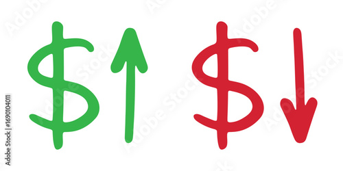 Hand drawn dollar currency symbol Growth and fall profit with arrow up and down Brush stroke doodle Element for design