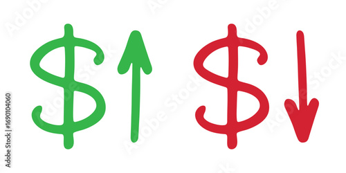 Hand drawn dollar currency symbol Growth and fall profit with arrow up and down Brush stroke doodle Element for design