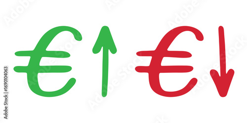 Hand drawn euro currency symbol Growth and fall profit with arrow up and down Brush stroke doodle Element for design