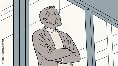 Man standing with arms crossed looking thoughtfully out a window minimalist line art illustration.