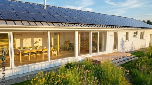 Wallpaper Mural Modern white house with solar panels, surrounded by tall grass and wildflowers Torontodigital.ca