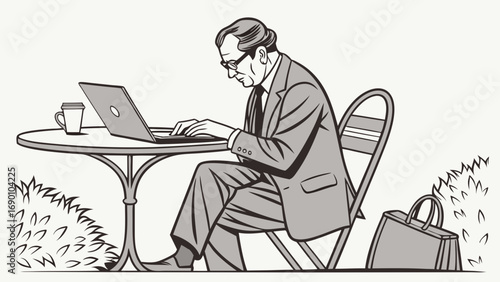 Man working on laptop outdoors at a cafe table.