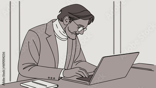 Man working on laptop computer businessperson using technology professional working from home concentrated person at desk.