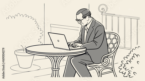 Man working on laptop outdoors person using computer at cafe businessman typing on notebook professional in patio freelance work outdoor office remote worker elegant design black and white illustrati.
