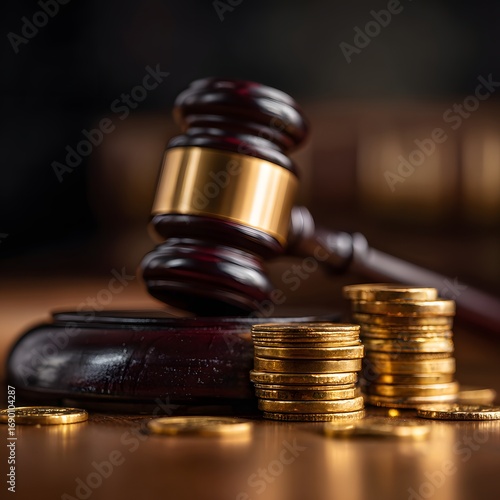Wooden judge gavel with golden coins symbolizing legal fees and justice system costs on dark background