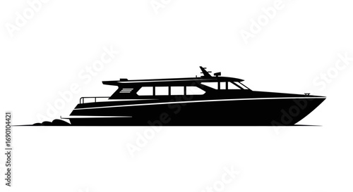 Sleek Black Silhouette of a Modern Motor Yacht on Water.