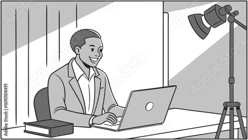 Person working on laptop in a studio setup with lighting.