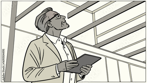 Professional inspecting construction looking up at beams holding tablet.
