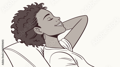 Relaxed woman with curly hair profile view monochrome illustration peaceful expression.