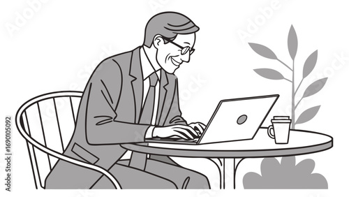 Smiling businessman working on laptop outdoors at a cafe table.