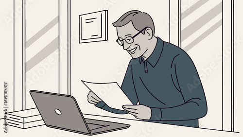 Smiling man reviewing documents at desk with laptop.