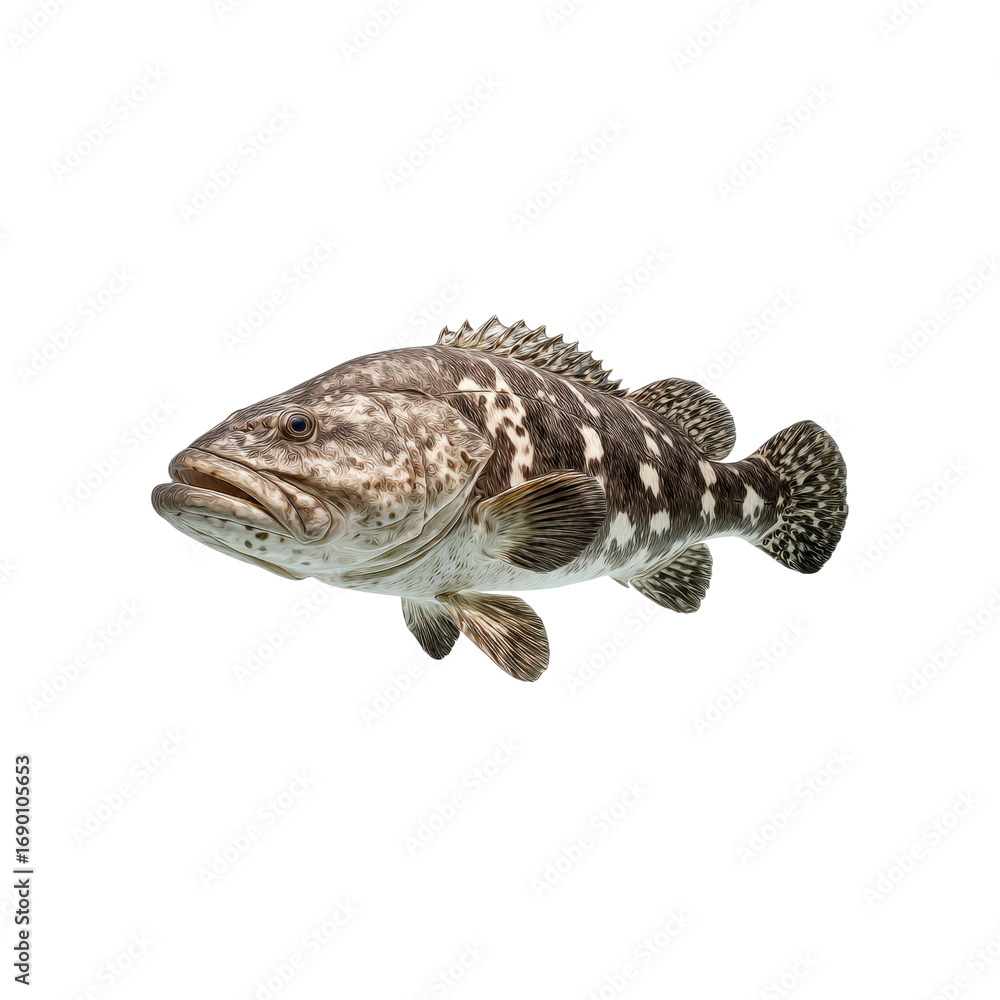 Naklejka premium Close-up of a Spotted Grouper Fish Isolated on Black Background