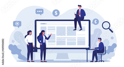 Business Team Collaborating Around Large Computer Screen.