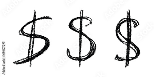 Set of hand drawn dollar currency symbol. Brush stroke doodle. Single element for design